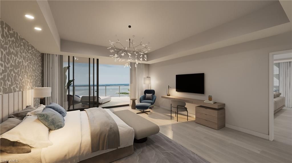 Bedroom, Interior, Pendant Lights, Recessed Lighting, Water, Wood Texture Flooring