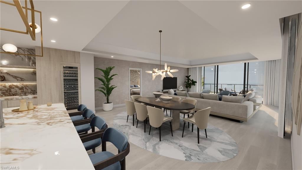 Dining room, Interior, Living room, Pendant Lights, Recessed Lighting, Wood Texture Flooring