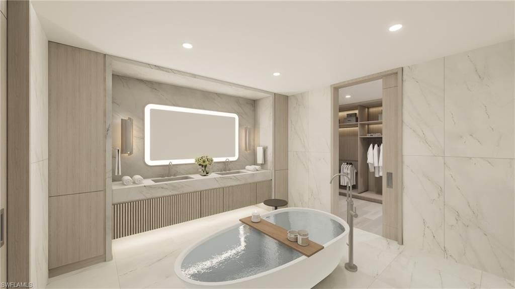 Bathroom, Free Standing Baths, Interior, Marble, Marble Walls, Recessed Lighting
