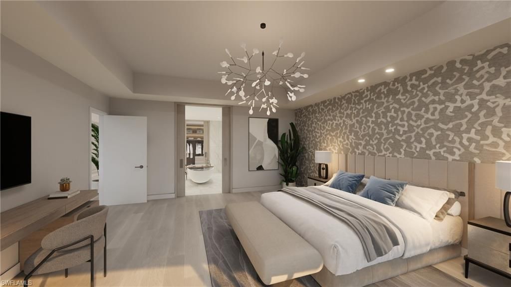 Bedroom, Interior, Pendant Lights, Recessed Lighting, Wood Texture Flooring