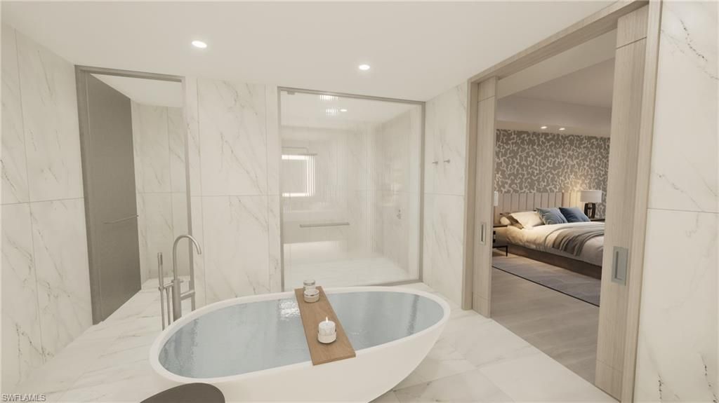 Bathroom, Bedroom, Glass Shower, Interior, Marble, Marble Walls, Recessed Lighting, Wood Texture Flooring