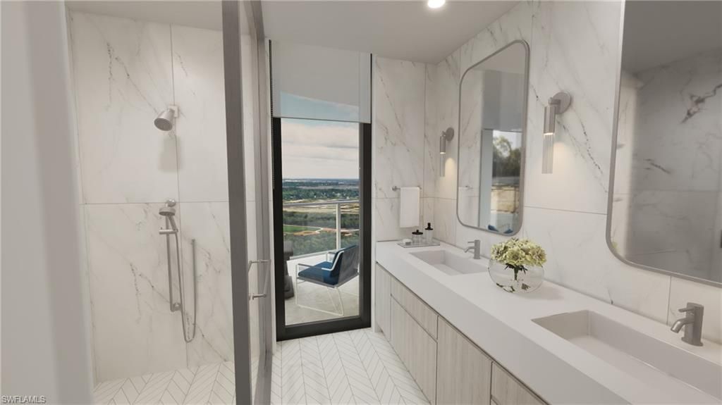 Bathroom, Dual Sink Vanities, Interior, Marble Walls, Recessed Lighting