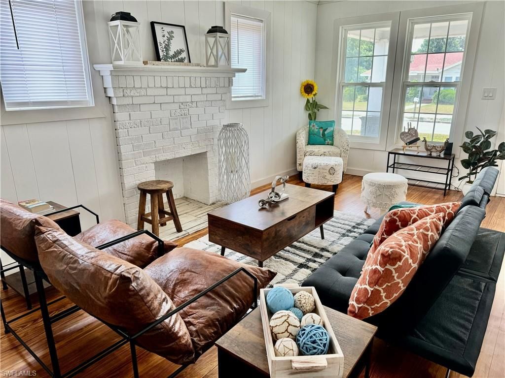 Fireplace, Interior, Living room, Stone Walls, Wood Texture Flooring