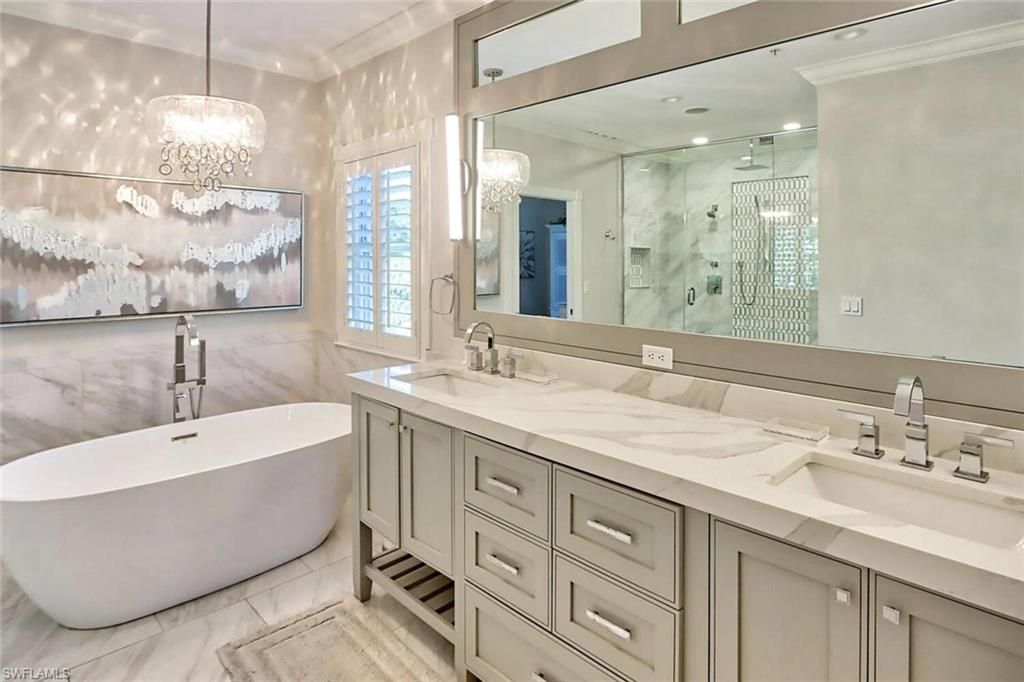 Bathroom, Dual Sink Vanities, Free Standing Baths, Glass Shower, Interior, Marble, Pendant Lights, Recessed Lighting