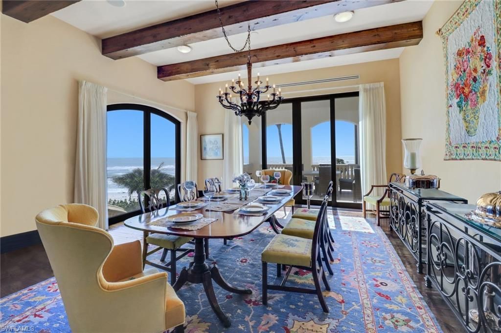 Chandelier, Dining room, Interior, Recessed Lighting, Water, Wooden Beams