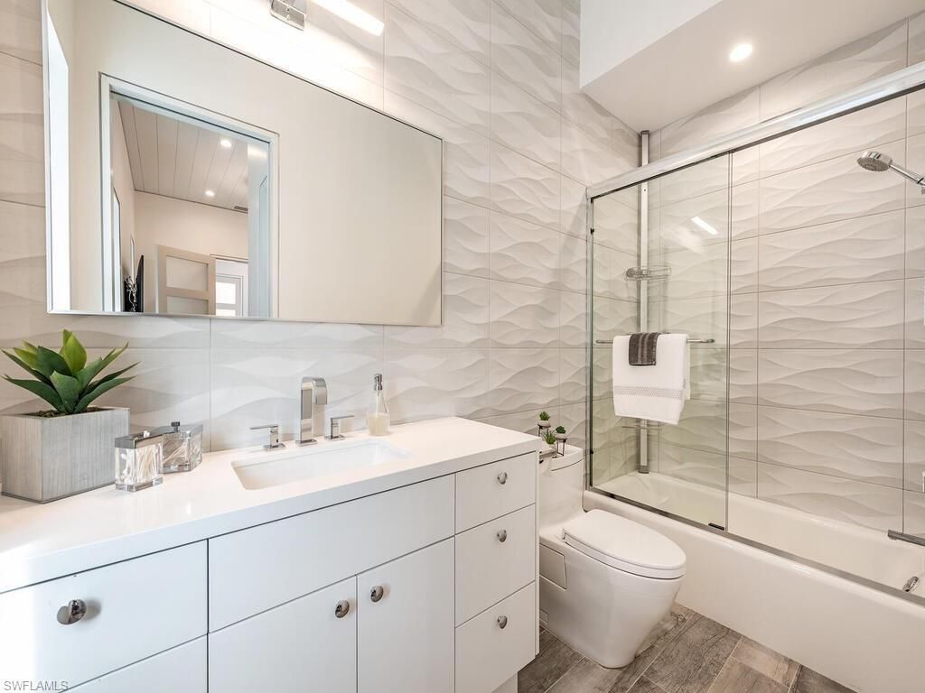 Bathroom, Glass Shower, Interior, Recessed Lighting, Wood Texture Flooring