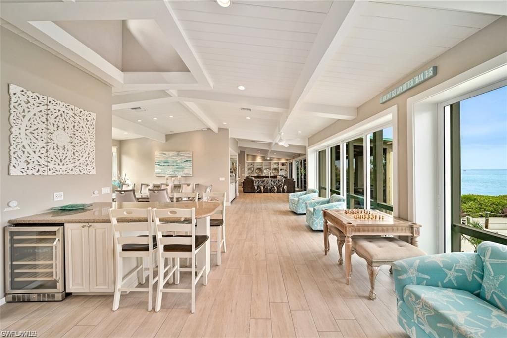 Dining room, Interior, Living room, Recessed Lighting, Water, Wood Texture Flooring