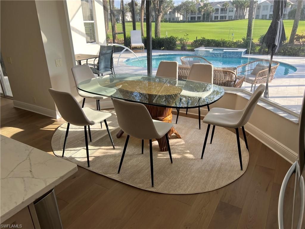 Dining room, Interior, Pool, Wood Texture Flooring