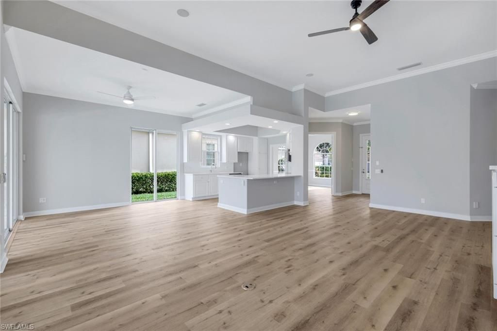Empty room, Interior, Kitchen, Recessed Lighting, Wood Texture Flooring