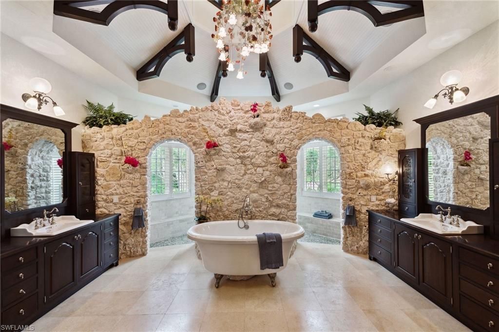 Bathroom, Dual Sink Vanities, Free Standing Baths, Interior, Stone Walls