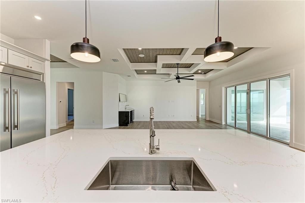 Interior, Kitchen, Pendant Lights, Recessed Lighting, Wooden Ceilings, Wood Texture Flooring