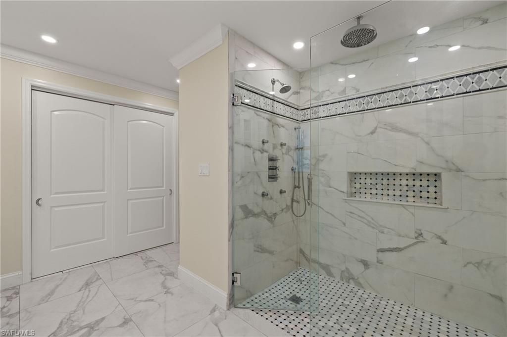Bathroom, Glass Shower, Interior, Marble, Marble Walls, Recessed Lighting