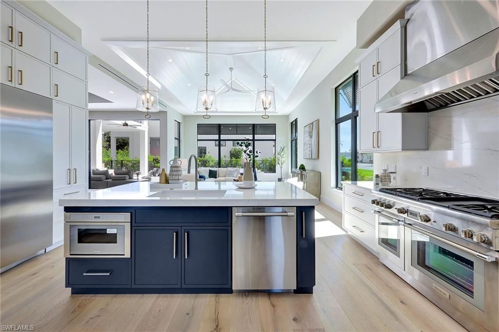 Interior, Kitchen, Pendant Lights, Stainless Steel Appliances, Wood Texture Flooring
