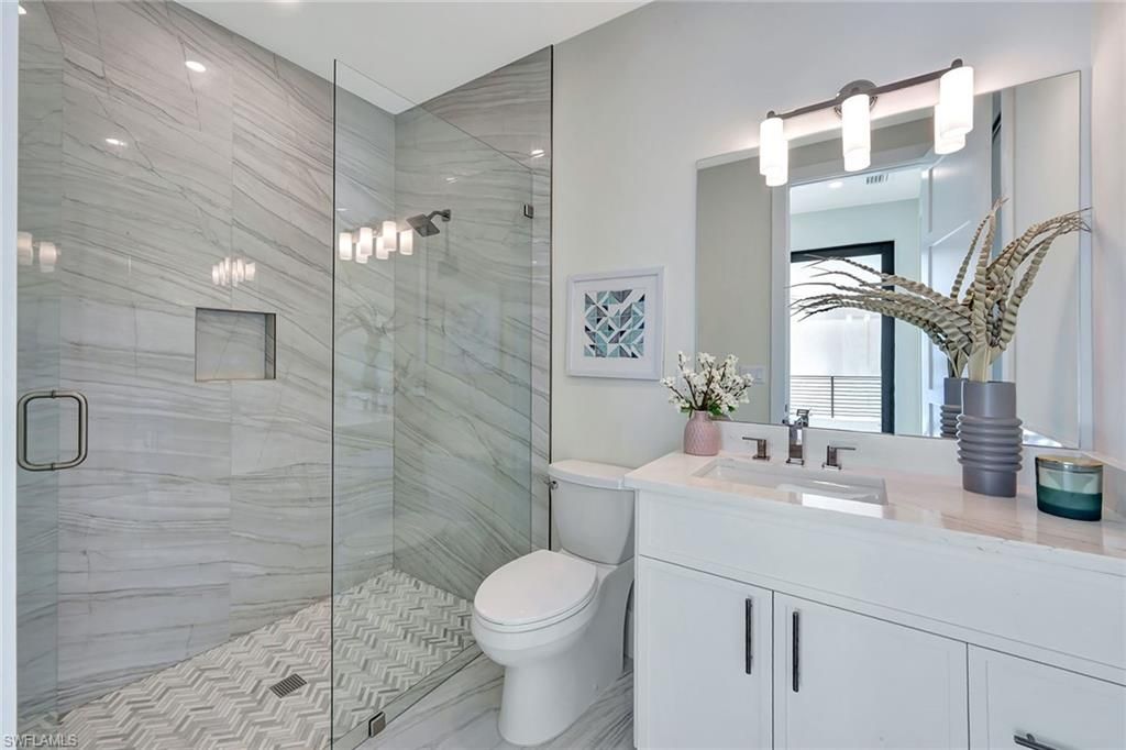 Bathroom, Glass Shower, Interior, Marble Walls, Recessed Lighting