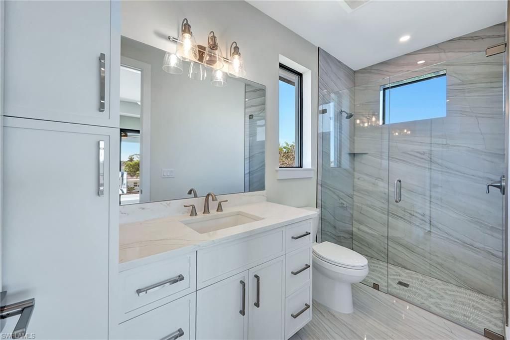 Bathroom, Glass Shower, Interior, Marble Walls, Recessed Lighting