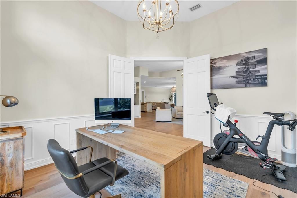 Chandelier, Fitness Equipment, Home Office, Interior, Wood Texture Flooring