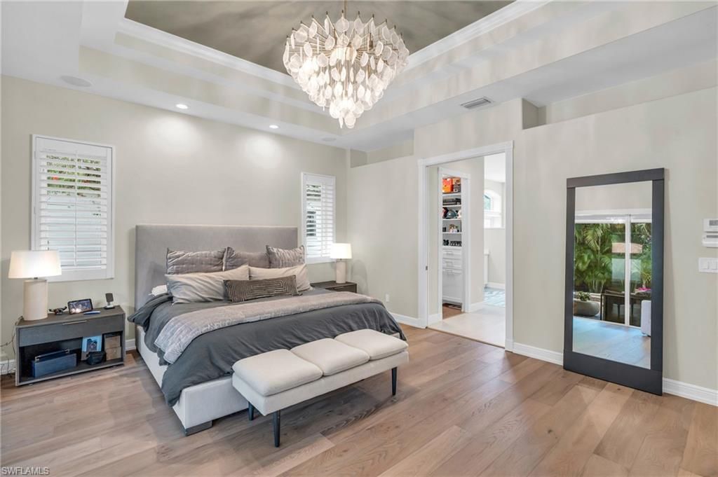 Bedroom, Chandelier, Interior, Recessed Lighting, Wood Texture Flooring