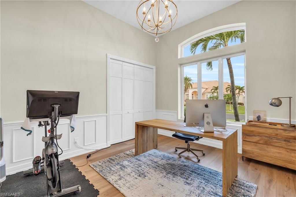 Chandelier, Fitness Equipment, Home Office, Interior, Wood Texture Flooring