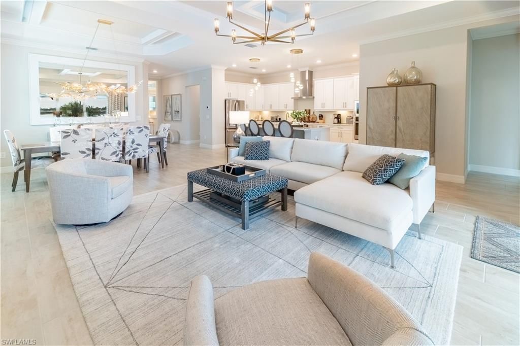 Chandelier, Dining room, Interior, Kitchen, Living room, Pendant Lights, Recessed Lighting, Wood Texture Flooring