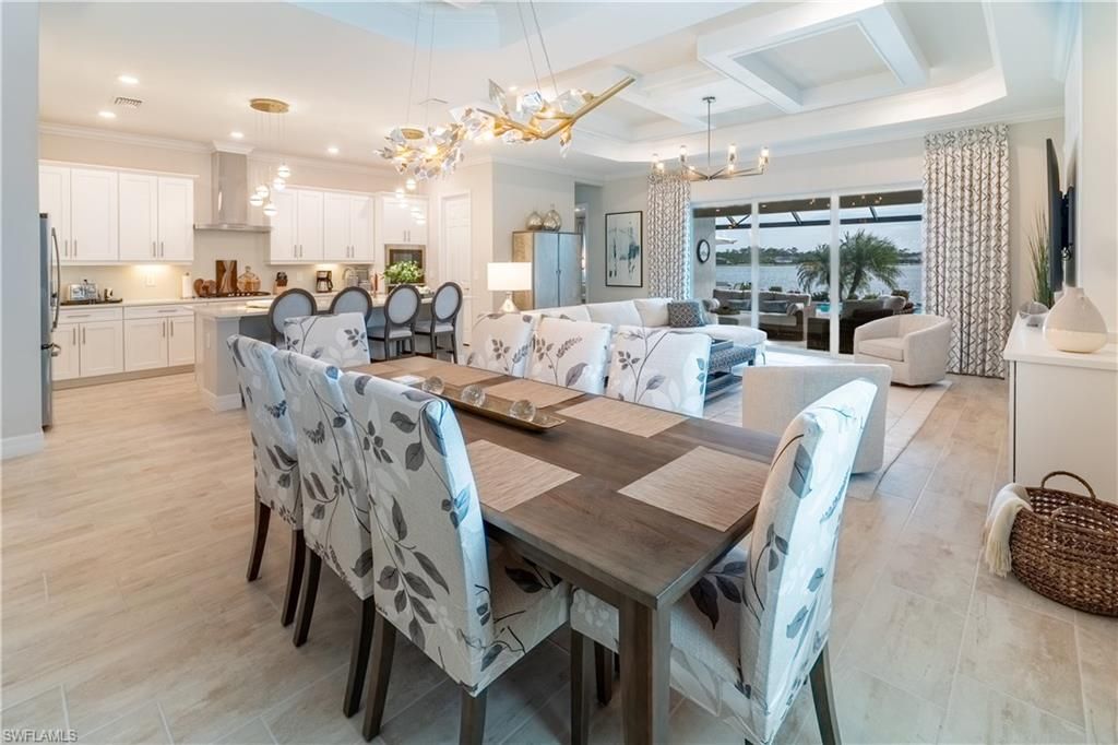 Chandelier, Dining room, Interior, Kitchen, Living room, Pendant Lights, Recessed Lighting, Wood Texture Flooring