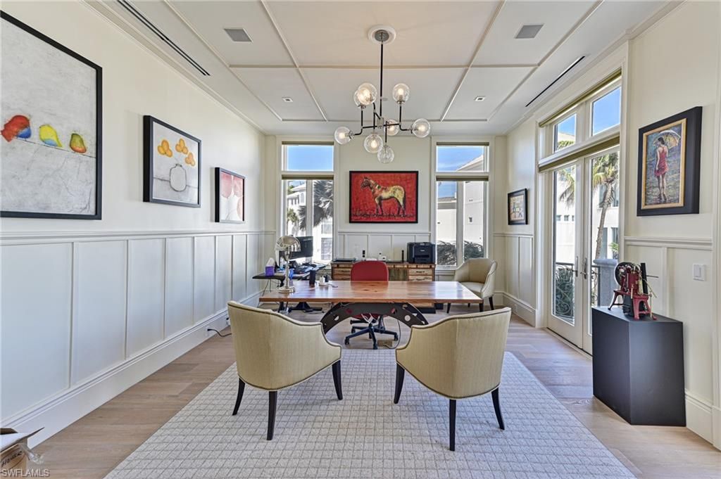 Dining room, Interior, Pendant Lights, Wood Texture Flooring