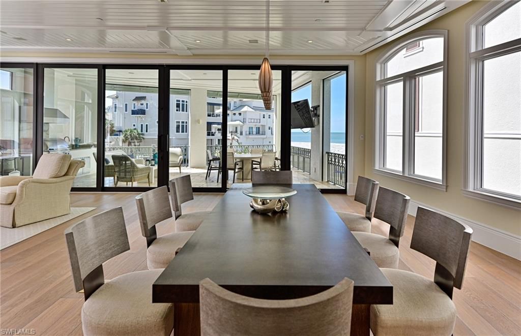 Dining room, Interior, Pendant Lights, Water, Wood Texture Flooring