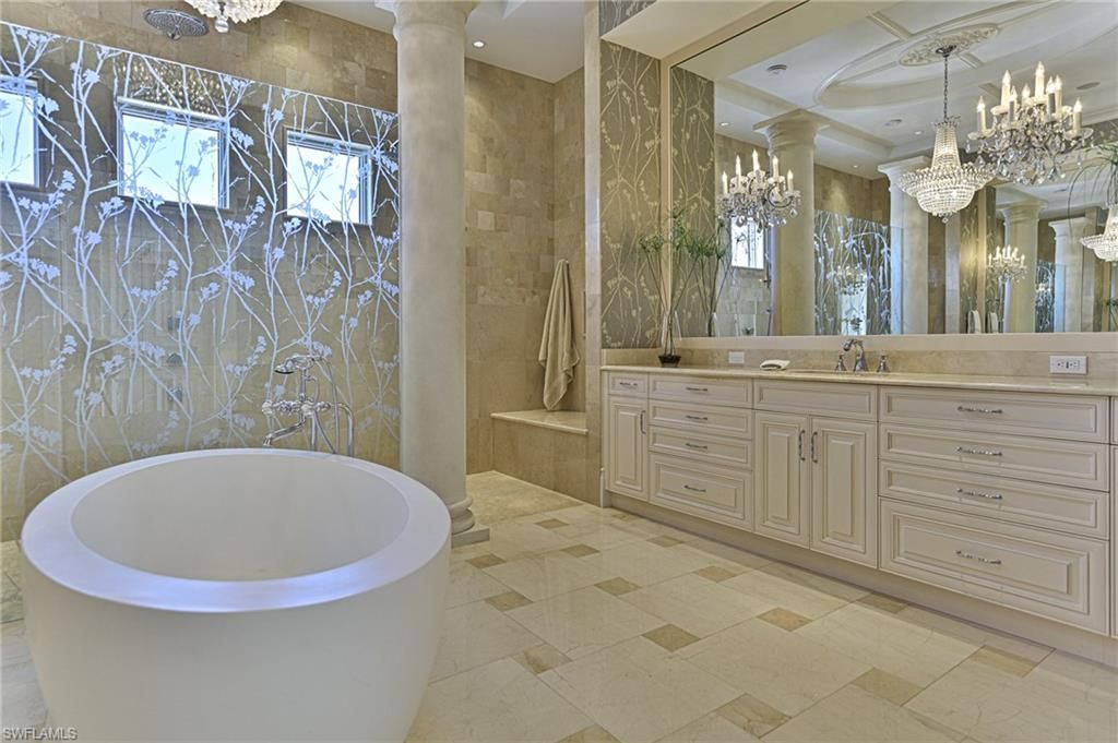 Bathroom, Chandelier, Dual Sink Vanities, Free Standing Baths, Interior, Recessed Lighting