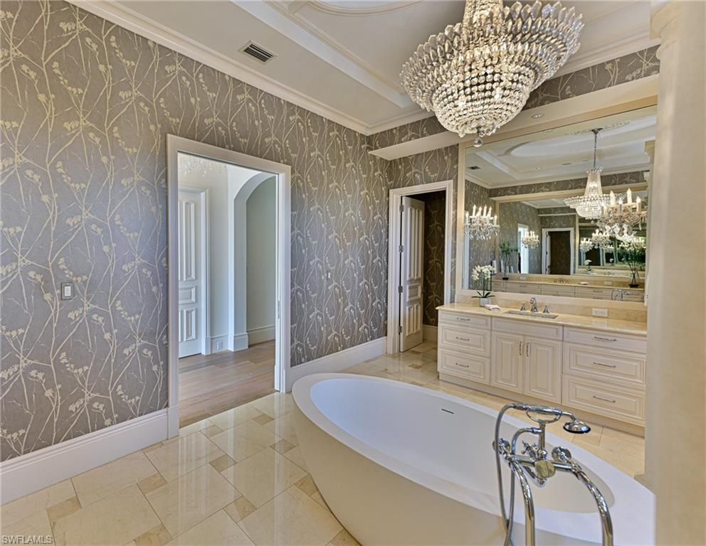 Bathroom, Chandelier, Dual Sink Vanities, Free Standing Baths, Interior, Wood Texture Flooring