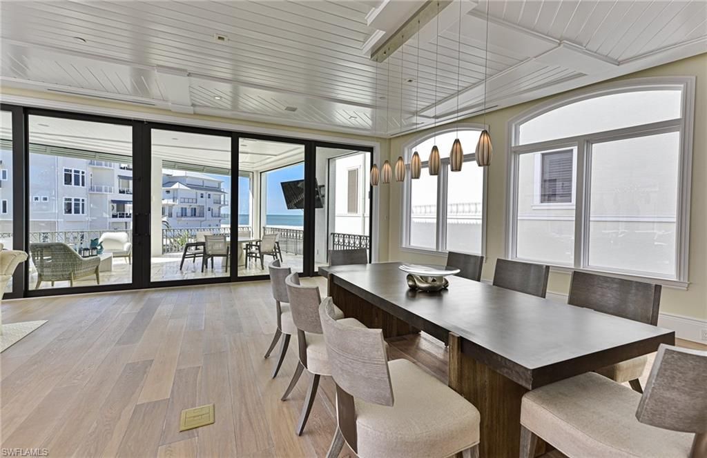 Dining room, Interior, Pendant Lights, Water, Wood Texture Flooring