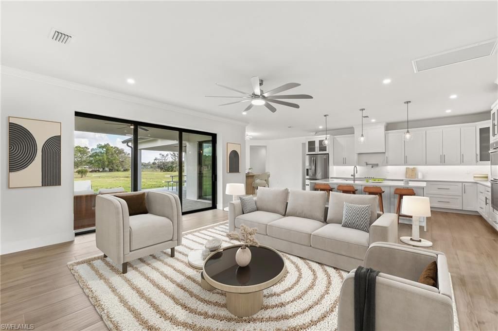 Interior, Kitchen, Living room, Pendant Lights, Recessed Lighting, Stainless Steel Appliances, Wood Texture Flooring