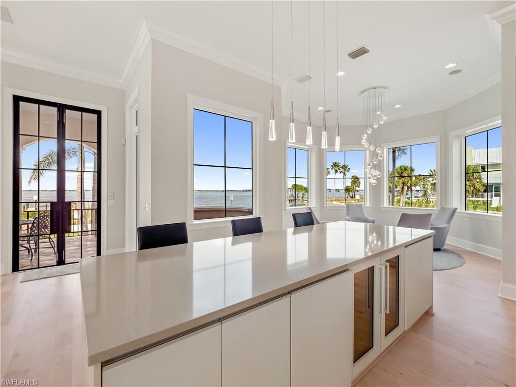 Dining room, Interior, Kitchen, Pendant Lights, Recessed Lighting, Water, Wood Texture Flooring