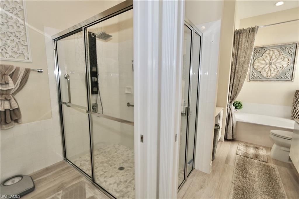 Bathroom, Glass Shower, Interior, Recessed Lighting, Wood Texture Flooring