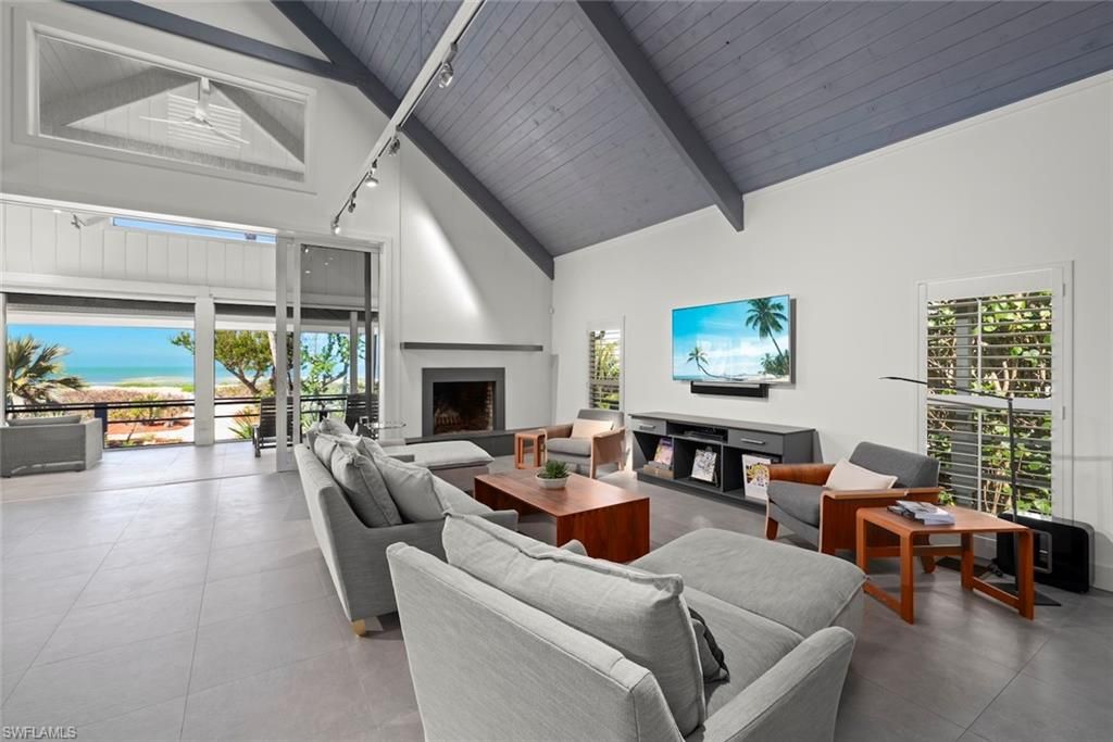 Fireplace, Interior, Living room, Water, Wooden Ceilings