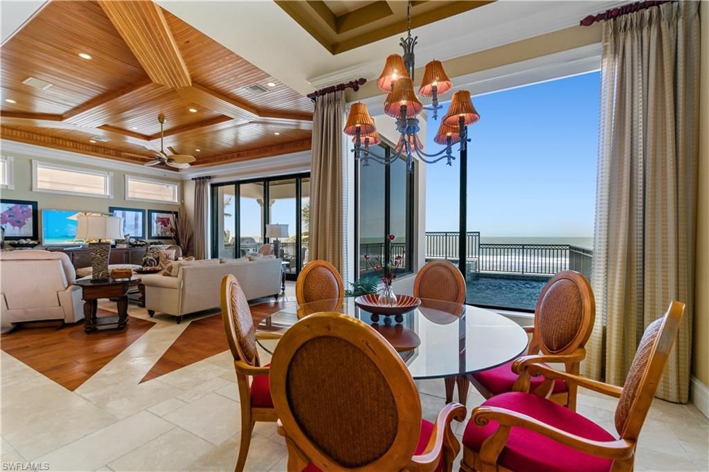 Chandelier, Dining room, Interior, Living room, Recessed Lighting, Wooden Beams, Wooden Ceilings, Wood Texture Flooring