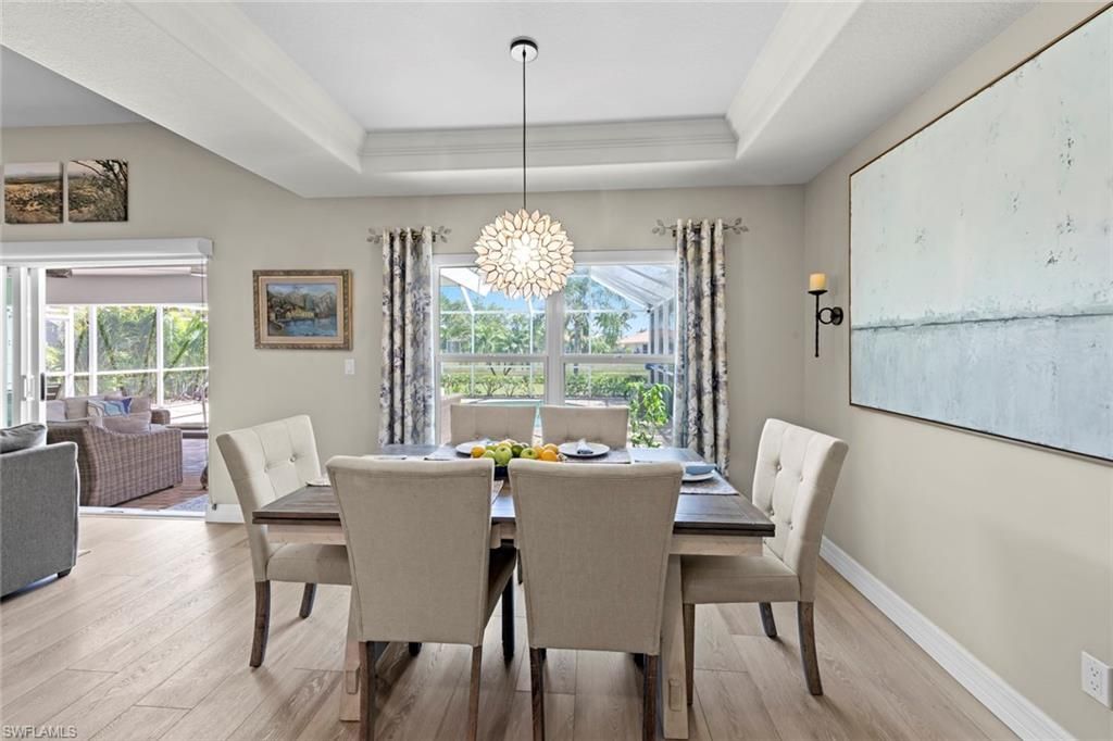 Chandelier, Dining room, Interior, Stainless Steel Appliances, Wood Texture Flooring