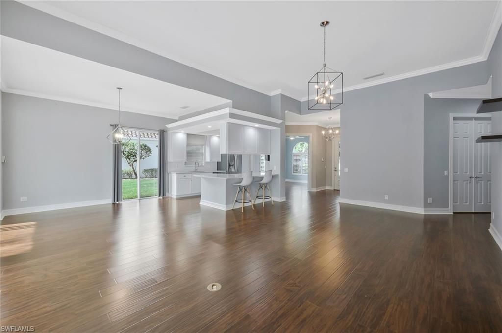 Chandelier, Empty room, Interior, Kitchen, Pendant Lights, Recessed Lighting, Wood Texture Flooring