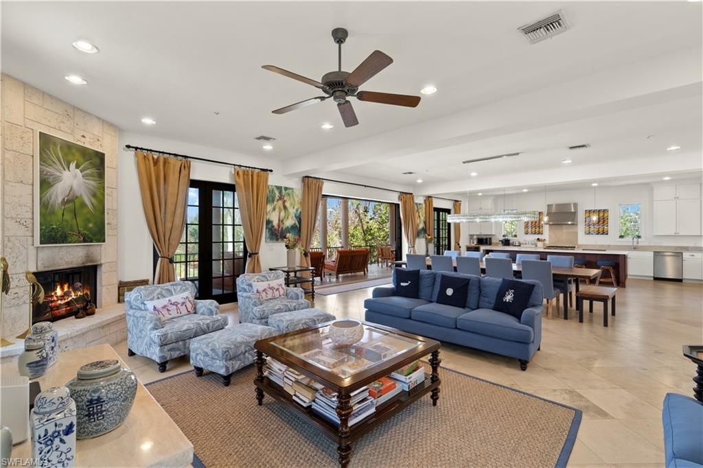 Dining room, Fireplace, Interior, Kitchen, Living room, Pendant Lights, Recessed Lighting, Stainless Steel Appliances, Stone Walls