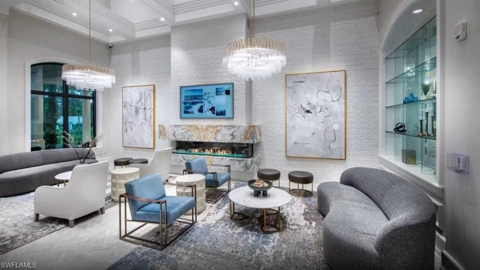 Chandelier, Fireplace, Interior, Living room, Recessed Lighting, Stone Walls