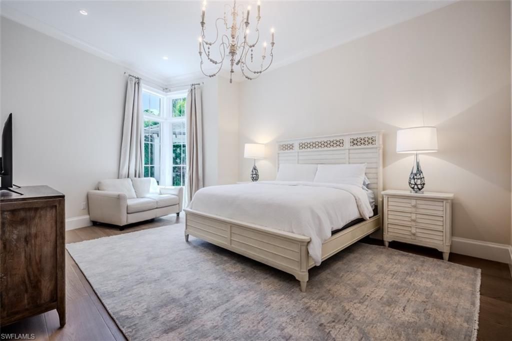 Bedroom, Chandelier, Interior, Recessed Lighting, Wood Texture Flooring