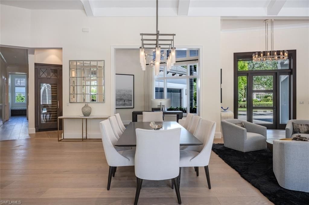 Dining room, Interior, Pendant Lights, Wood Texture Flooring