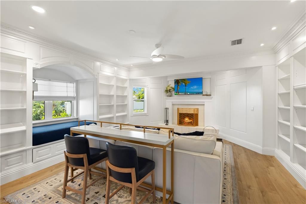 Billiard Table, Fireplace, Game Room, Interior, Recessed Lighting, Wood Texture Flooring