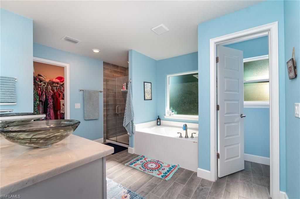 Bathroom, Glass Shower, Interior, Recessed Lighting, Wood Texture Flooring