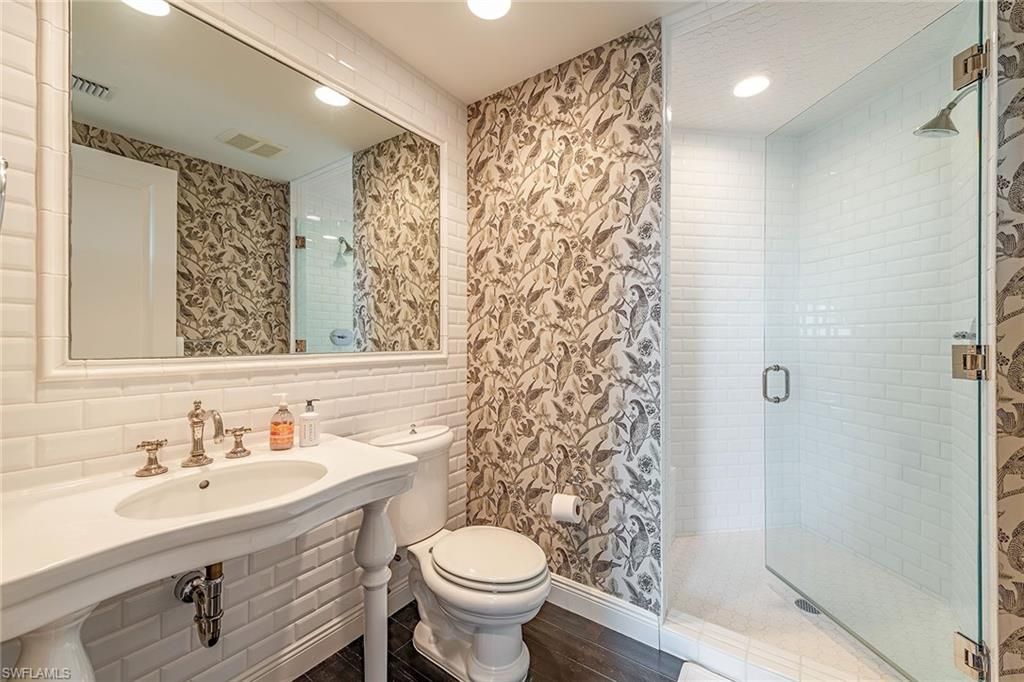 Bathroom, Glass Shower, Interior, Recessed Lighting, Wood Texture Flooring