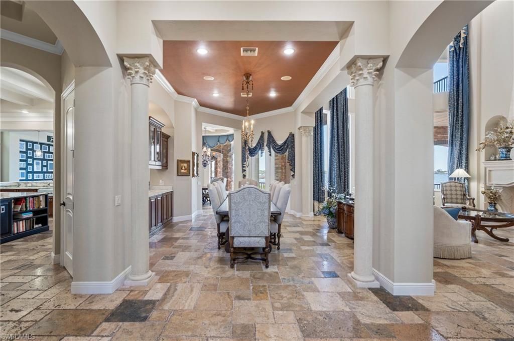 Dining room, Interior, Pendant Lights, Recessed Lighting, Wooden Ceilings