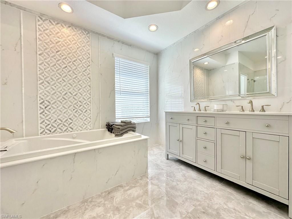 Bathroom, Dual Sink Vanities, Interior, Marble Walls, Recessed Lighting