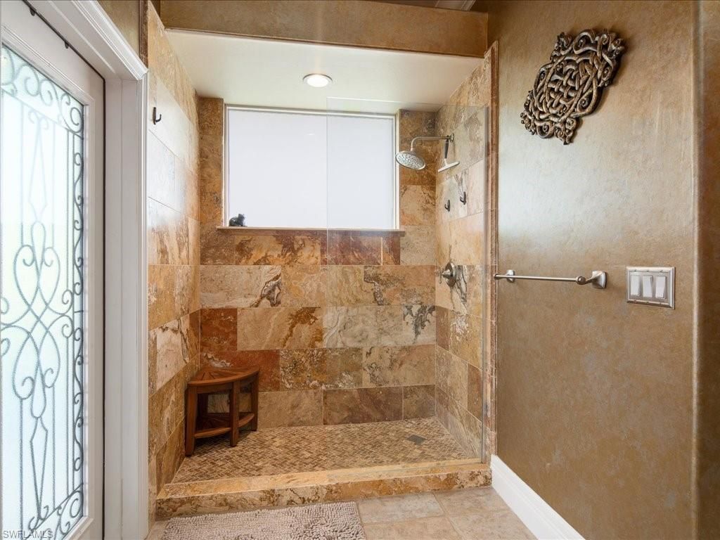 Bathroom, Glass Shower, Interior, Recessed Lighting, Stone Walls