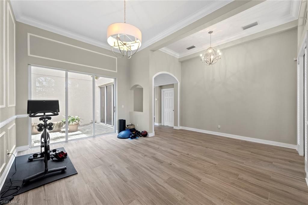 Chandelier, Fitness Equipment, Interior, Wood Texture Flooring