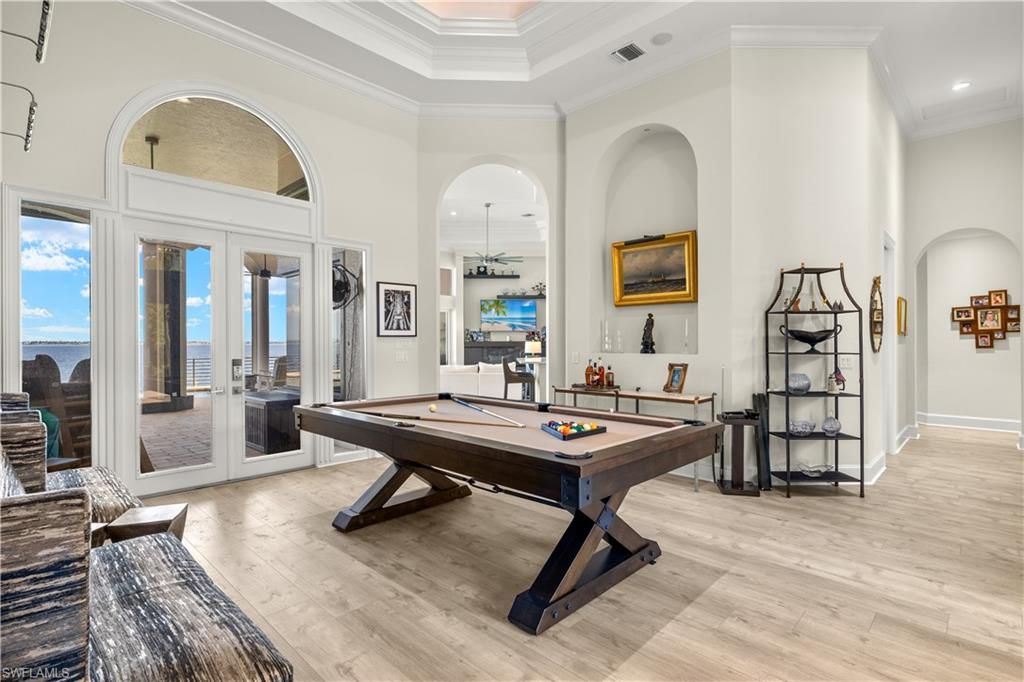 Billiard Table, Game Room, Interior, Pendant Lights, Recessed Lighting, Water, Wood Texture Flooring