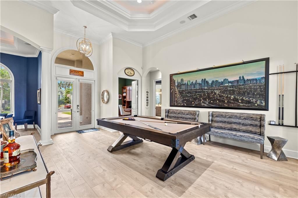 Billiard Table, Game Room, Interior, Pendant Lights, Recessed Lighting, Wood Texture Flooring
