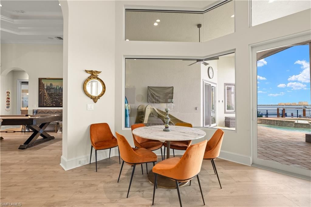 Dining room, Interior, Recessed Lighting, Water, Wood Texture Flooring